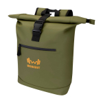 Zaino arrotolabile in pelle sintetica impermeabile per PC 15” color verde scuro vista con stampa in transfer