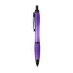 Penna in plastica riciclata con dettagli neri inchiostro nero color viola vista laterale