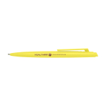 Penna in plastica riciclata design minimalista inchiostro blu color giallo vista con stampa tampografica
