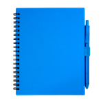 Block notes in plastica riciclata con penna e supporto inchiostro blu color blu seconda vista frontale