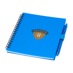 Block notes in plastica riciclata con penna e supporto inchiostro blu color blu vista con stampa tampografica