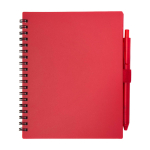 Block notes in plastica riciclata con penna e supporto inchiostro blu color rosso seconda vista frontale
