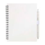 Block notes in plastica riciclata con penna e supporto inchiostro blu color bianco seconda vista frontale