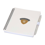 Block notes in plastica riciclata con penna e supporto inchiostro blu color bianco vista con stampa tampografica