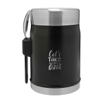 Contenitore alimenti con posate e coperchio isolante con valvola 400ml color nero opaco vista con logo stampato 2