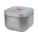 Candela profumata alla vaniglia in latta quadrata 50g color argento opaco vista con stampa tampografica