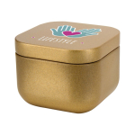 Candela profumata alla vaniglia in latta quadrata 50g color oro vista con stampa tampografica