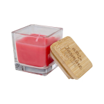 Candela aromatica in barattolo di vetro con coperchio in bambù 40g color rosso vista con logo stampato 2
