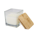 Candela aromatica in barattolo di vetro con coperchio in bambù 40g color bianco