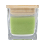 Candela aromatica in barattolo di vetro con coperchio in bambù 40g color verde smeraldo seconda vista frontale
