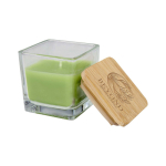 Candela aromatica in barattolo di vetro con coperchio in bambù 40g color verde smeraldo vista con logo stampato 2