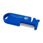 Utensile multiuso da cucina con quattro funzioni essenziali color blu vista con stampa tampografica