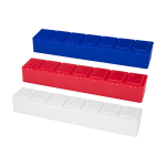 Portapillole multivitaminico con sette scomparti etichettati color rosso seconda vista in vari colori