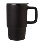 Tazza in ceramica con coperchio in plastica e grande manico 450ml color nero vista laterale