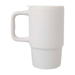 Tazza in ceramica con coperchio in plastica e grande manico 450ml color bianco seconda vista con laterale