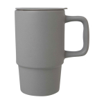Tazza in ceramica con coperchio in plastica e grande manico 450ml color grigio vista laterale