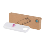 Powerbank ecologico resistente all’acqua con moschettone 5.000 mAh color bianco vista con stampa tampografica