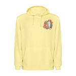 Felpa unisex con cappuccio e effetto lavato 250 g/m2 Roly Kenia color giallo vista con stampa serigrafica