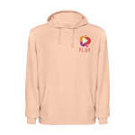 Felpa unisex con cappuccio e effetto lavato 250 g/m2 Roly Kenia color corallo vista con stampa serigrafica