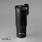 Bicchiere termico in acciaio inox riciclato con cannuccia pieghevole 900ml color nero vue avec logo imprimé