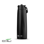 Bicchiere termico ecologico in acciaio inox riciclato con manico e cannuccia 1L color nero vue avec logo imprimé