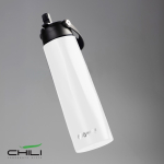 Bicchiere termico ecologico in acciaio inox riciclato con manico e cannuccia 1L color bianco vue avec logo imprimé