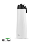 Bicchiere termico ecologico in acciaio inox riciclato con manico e cannuccia 1L color bianco vue avec logo imprimé