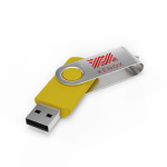 USB su misura in plastica con clip metallica rotante prodotta in UE color giallo vista con stampa