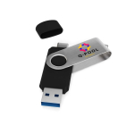 USB su misura in metallo con connettore USB e Tipo-C prodotta in UE color nero vista con stampa
