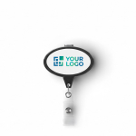 Porta badge retrattile su misura a forma ovale color nero vista area di stampa
