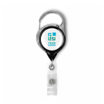 Porta badge retrattile tondo su misura con moschettone e clip color nero vista area di stampa