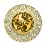 Pin metallico rotondo su misura personalizzabile a stampa integrale color oro terza vista