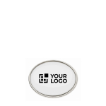 Pin metallico ovale su misura personalizzabile a stampa integrale color argento vista area di stampa