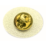 Pin metallico ovale su misura personalizzabile a stampa integrale color oro terza vista