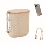 Set di cavi in custodia con coperchio che funge da supporto per smartphone color beige