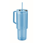 Bicchiere portatile traslucido in RPET con coperchio e cannuccia 1,2 L color azzurro trasparente