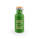 Borraccia in acciaio inox con tappo in bambù con manico 580ml color verde immagine con logo