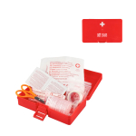 Kit di pronto soccorso in scatola di plastica con chiusura a clip e 15 pezzi color rosso vista area di stampa