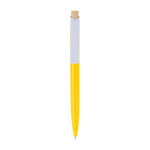 Penna in plastica con pulsante in bambù e clip bianca, inchiostro blu color giallo prima vista