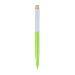 Penna in plastica con pulsante in bambù e clip bianca, inchiostro blu color lime prima vista