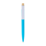 Penna in plastica con pulsante in bambù e clip bianca, inchiostro blu color azzurro pastello prima vista