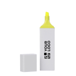 Evidenziatore in plastica con corpo bianco e dettaglio colorato color giallo vista area di stampa
