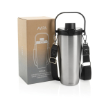 Borraccia termica in acciaio inox riciclato con cordino 600 ml color argento seconda vista con scatola