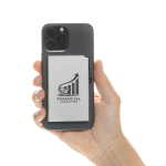 Portacarte magnetico in alluminio per smartphone con blocco RFID color argento vista con logo