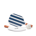 Set da pickleball con racchette in legno e pallina per giocare color blu mare vista area di stampa