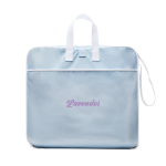 Sedia da spiaggia portatile pieghevole in poliestere con 6 posizioni di schienale color azzurro vista con logo