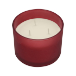 Candela profumata in barattolo di vetro con tre stoppini in vari aromi color rosso prima vista