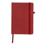 Taccuino A5 con copertina in pelle sintetica e chiusura elastica, pagine a righe color rosso prima vista