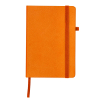 Taccuino A5 con copertina in pelle sintetica e chiusura elastica, pagine a righe color arancione prima vista