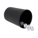 Gioco di dadi con bussolotto in plastica a texture ruvida color nero prima vista